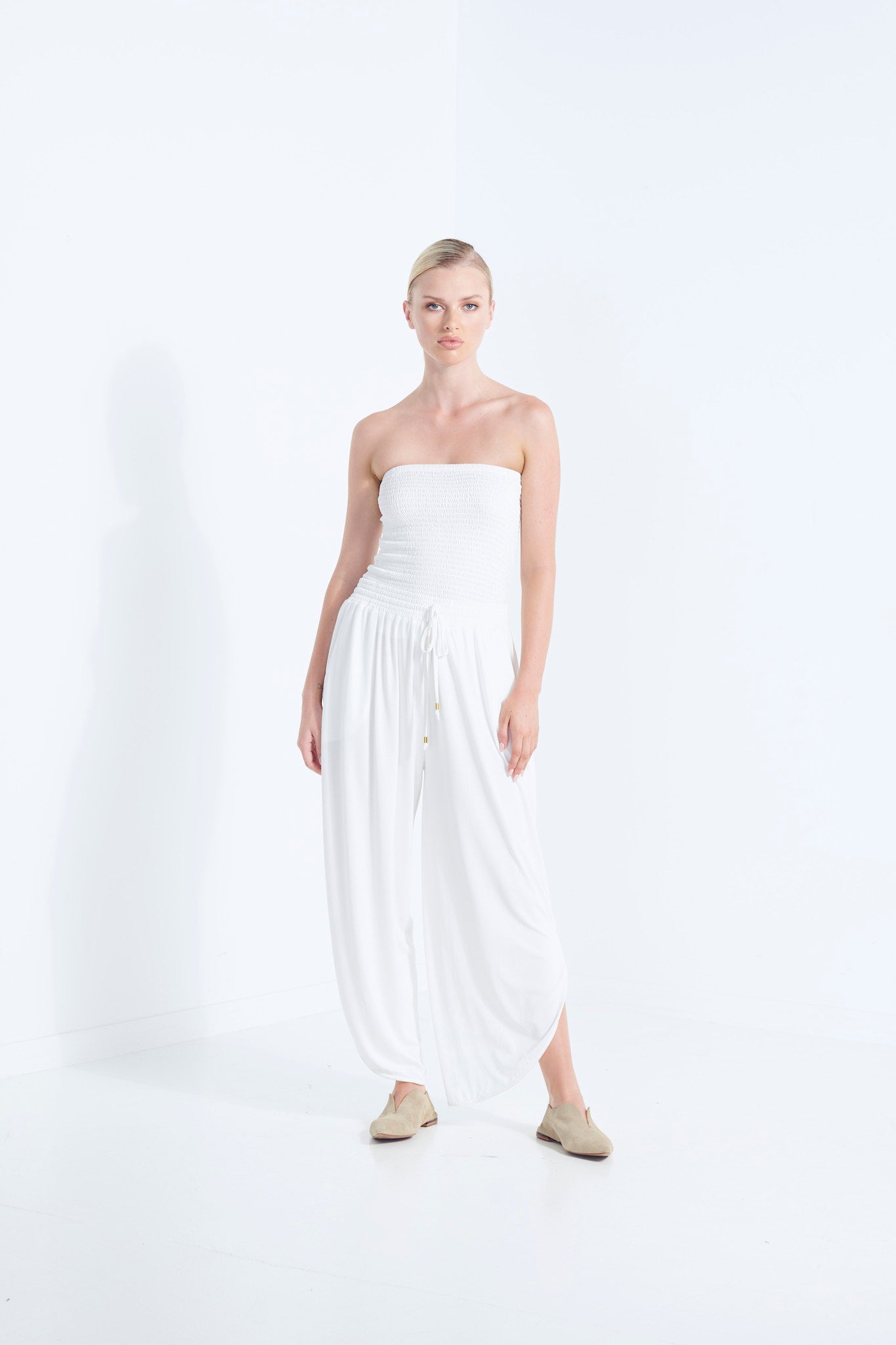 BELU PANT DEW MILKY WHITE LUXURY LOUNGEWEAR RELAXED KNIT PANTS WITH ELASTIC WAIST AND PETAL HEM FRONT VIEW