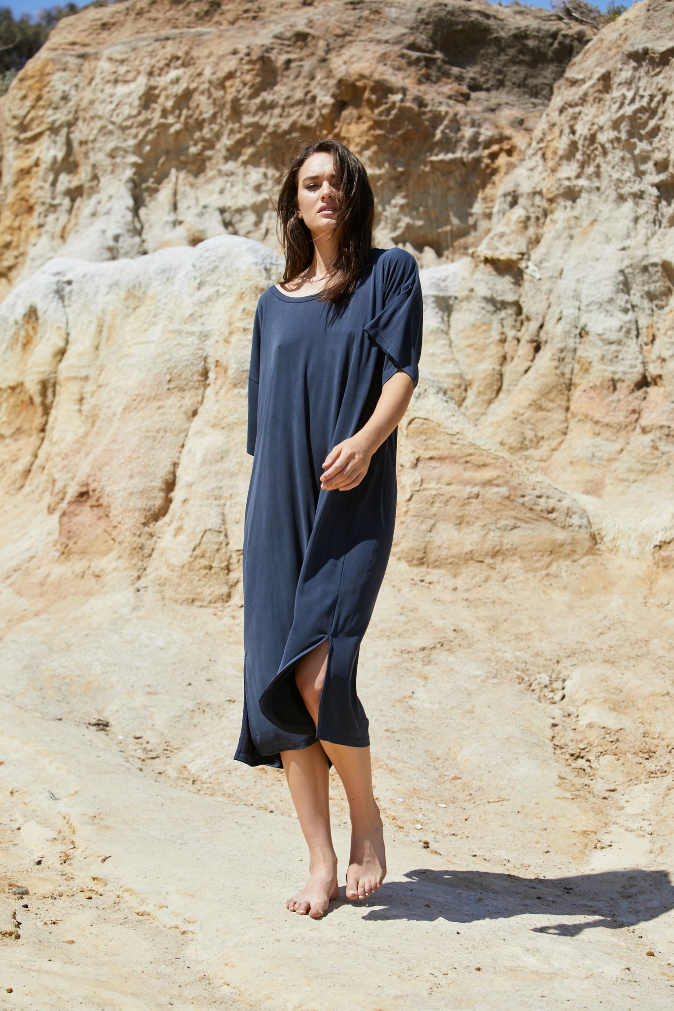 Clio Tee Dress - Sand Washed Modal Jersey - Aegean
