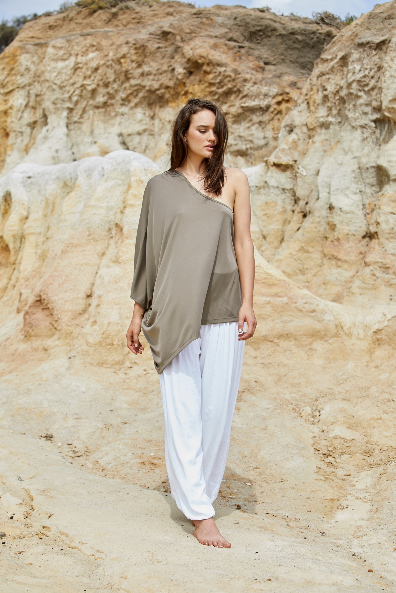 Athena Shoulder Top - Sand Washed Modal Jersey