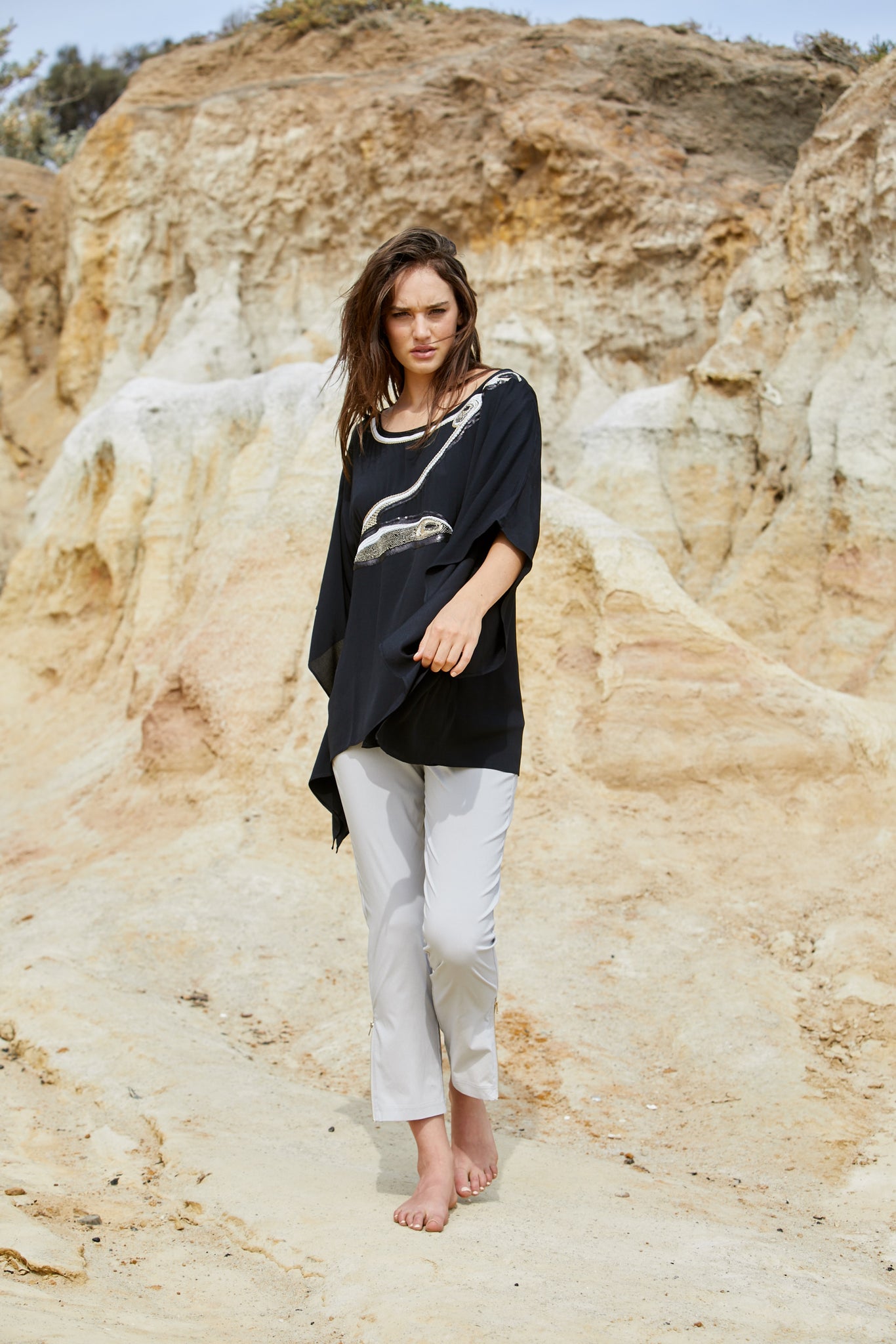 Avian Top - Pure Viscose Black Crepe Exclusive Beaded Design