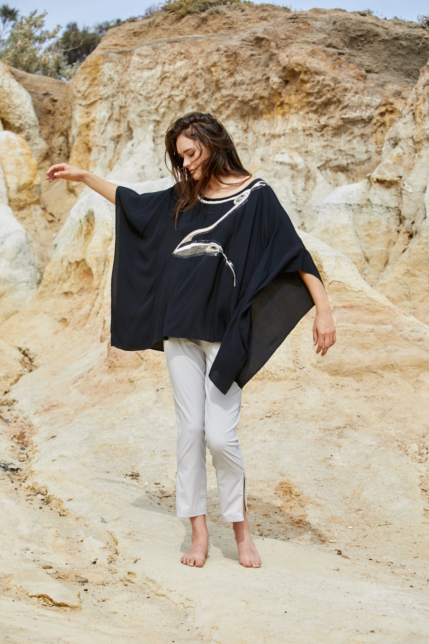 Avian Top - Pure Viscose Black Crepe Exclusive Beaded Design