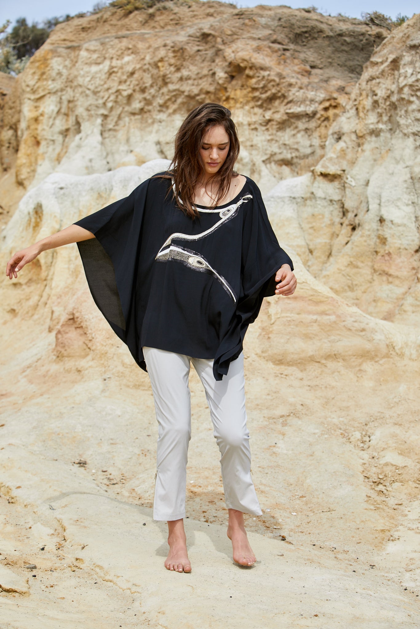 Avian Top - Pure Viscose Black Crepe Exclusive Beaded Design