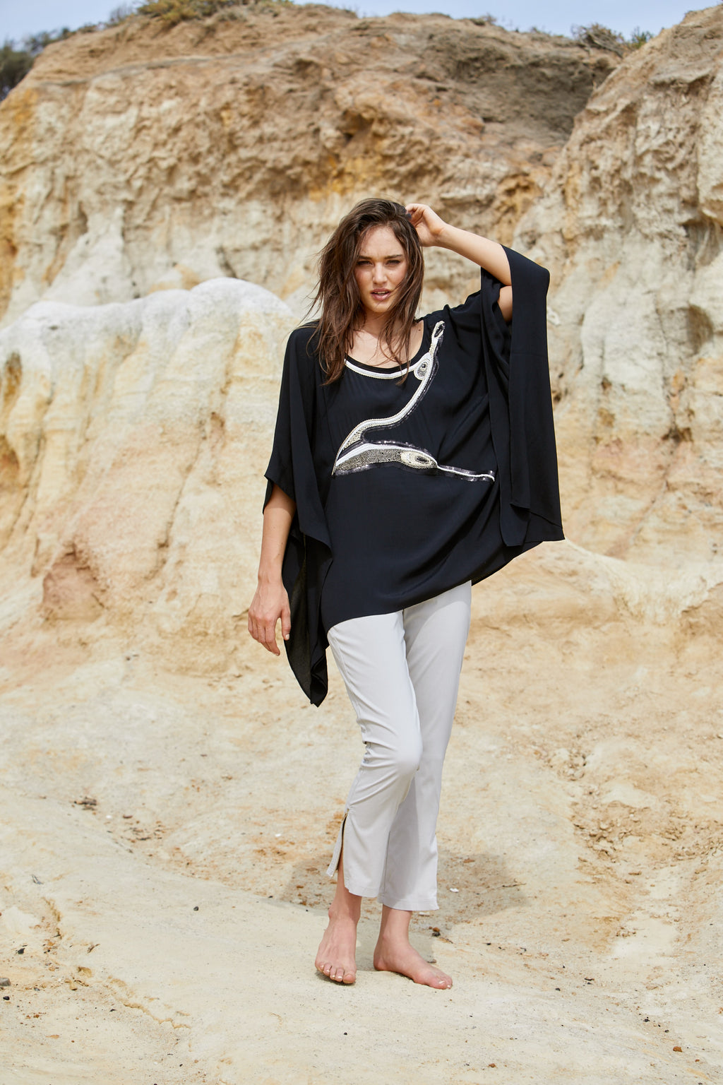Avian Top - Pure Viscose Black Crepe Exclusive Beaded Design
