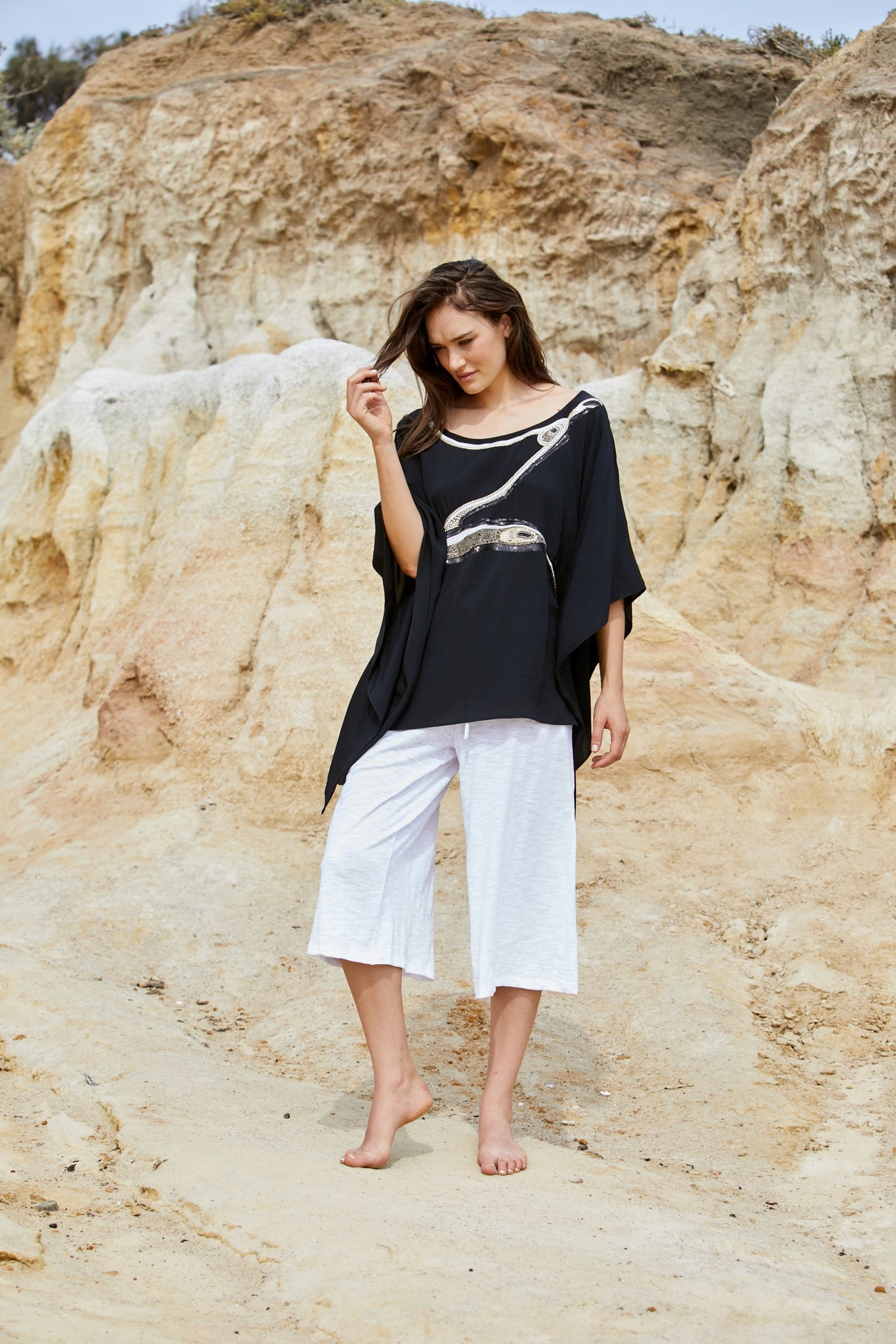 Avian Top - Pure Viscose Black Crepe Exclusive Beaded Design