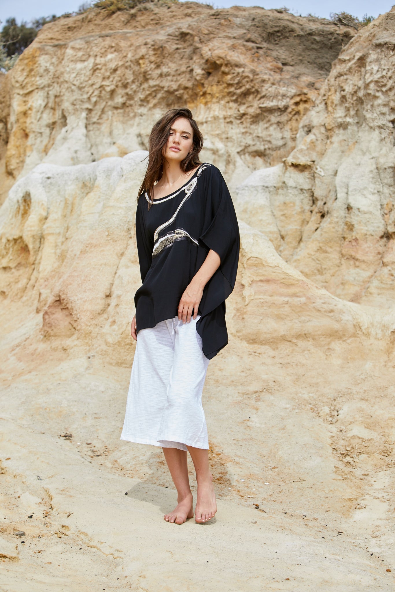 Avian Top - Pure Viscose Black Crepe Exclusive Beaded Design