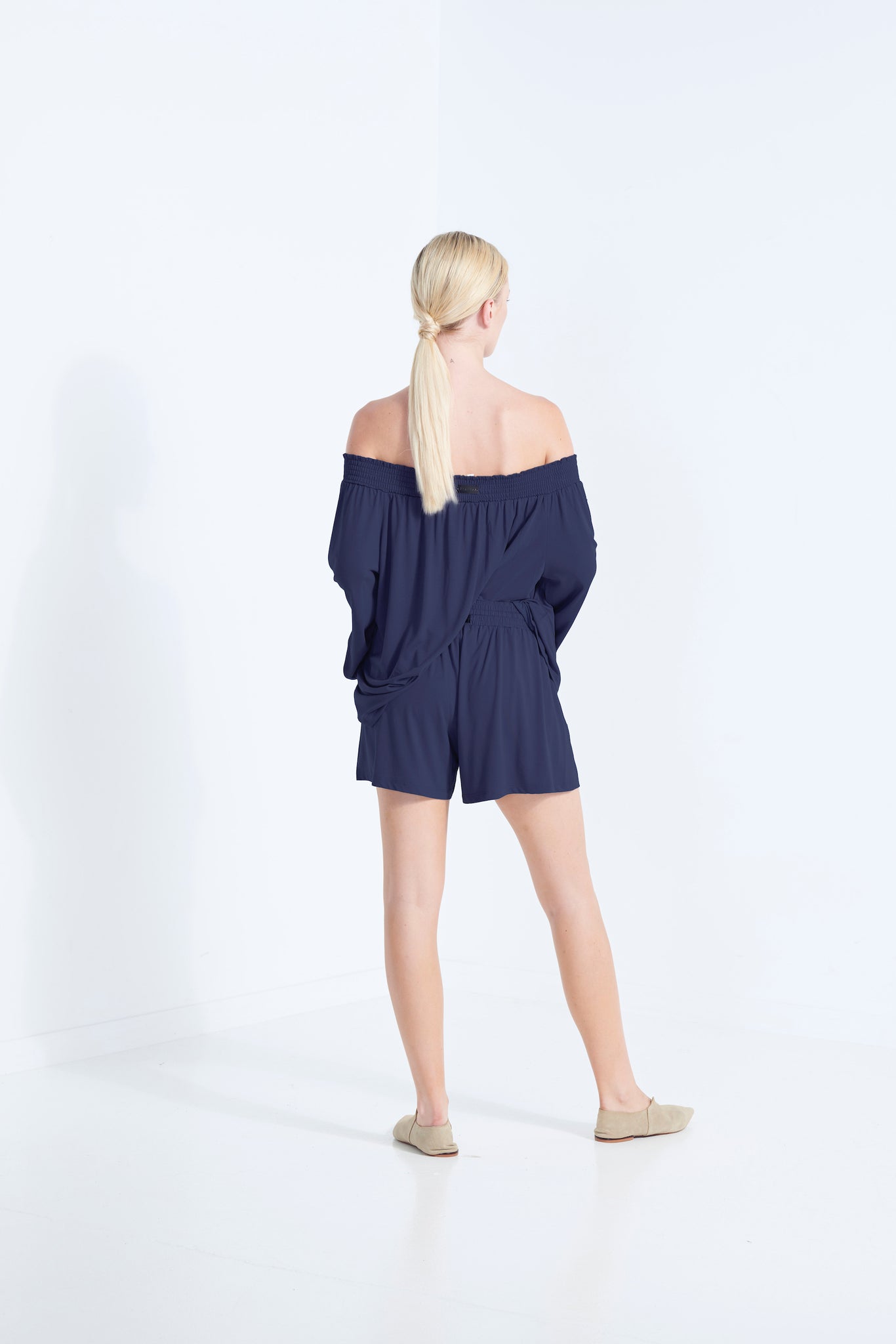 NAEVIA OFF SHOULDER TOP KNIT BEECHWOOD MODAL ELASTIC TOP WITH BELL SLEEVE AEGEAN WASHED NAVY BACK VIEW