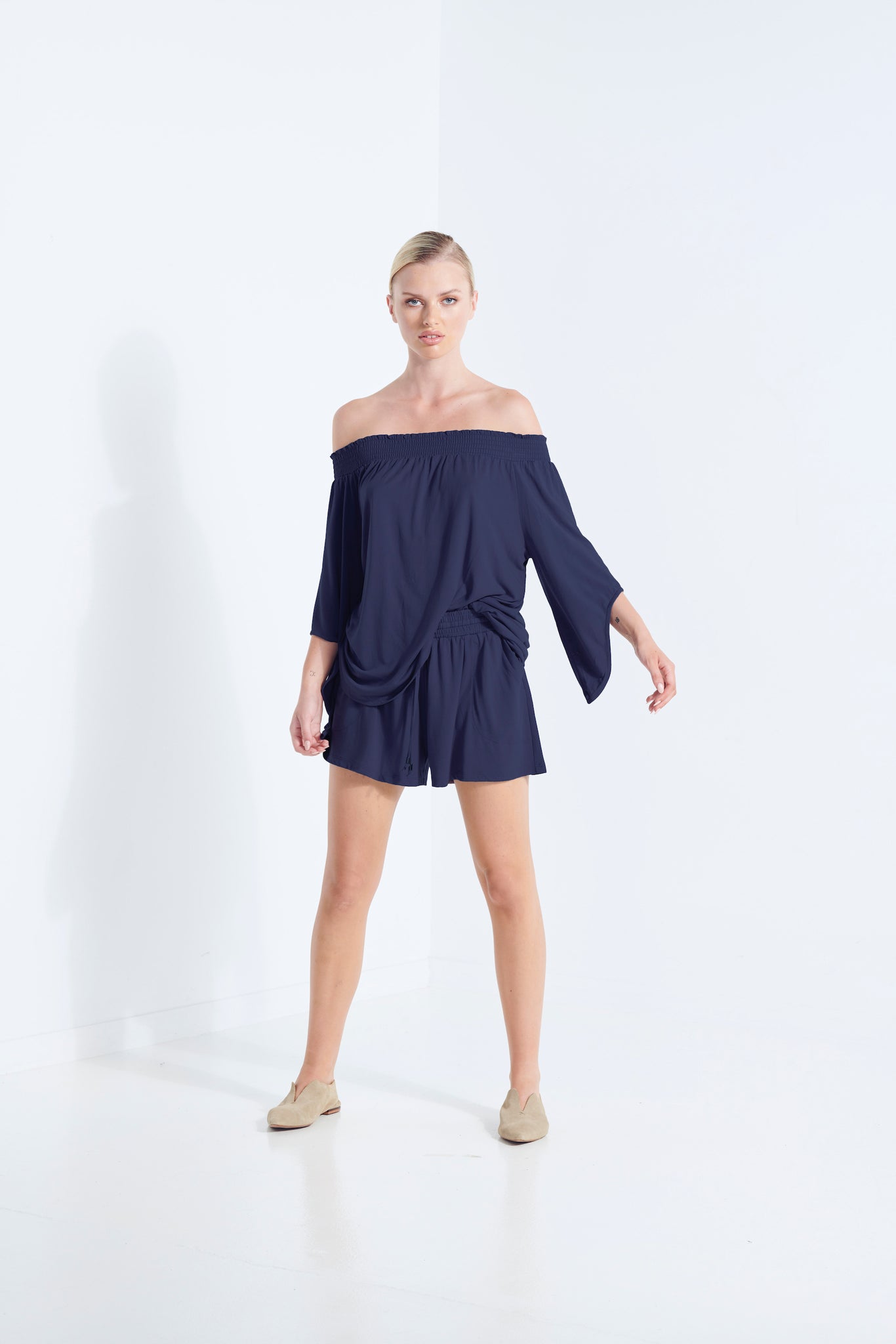 NAEVIA OFF SHOULDER TOP KNIT BEECHWOOD MODAL ELASTIC TOP WITH BELL SLEEVE AEGEAN WASHED NAVY FRONT VIEW
