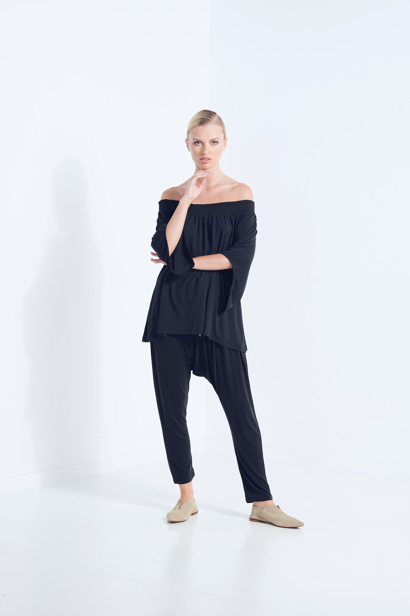 NAEVIA OFF SHOULDER TOP KNIT BEECHWOOD MODAL ELASTIC TOP WITH BELL SLEEVE DARK WASHED BLACK FRONT VIEW
