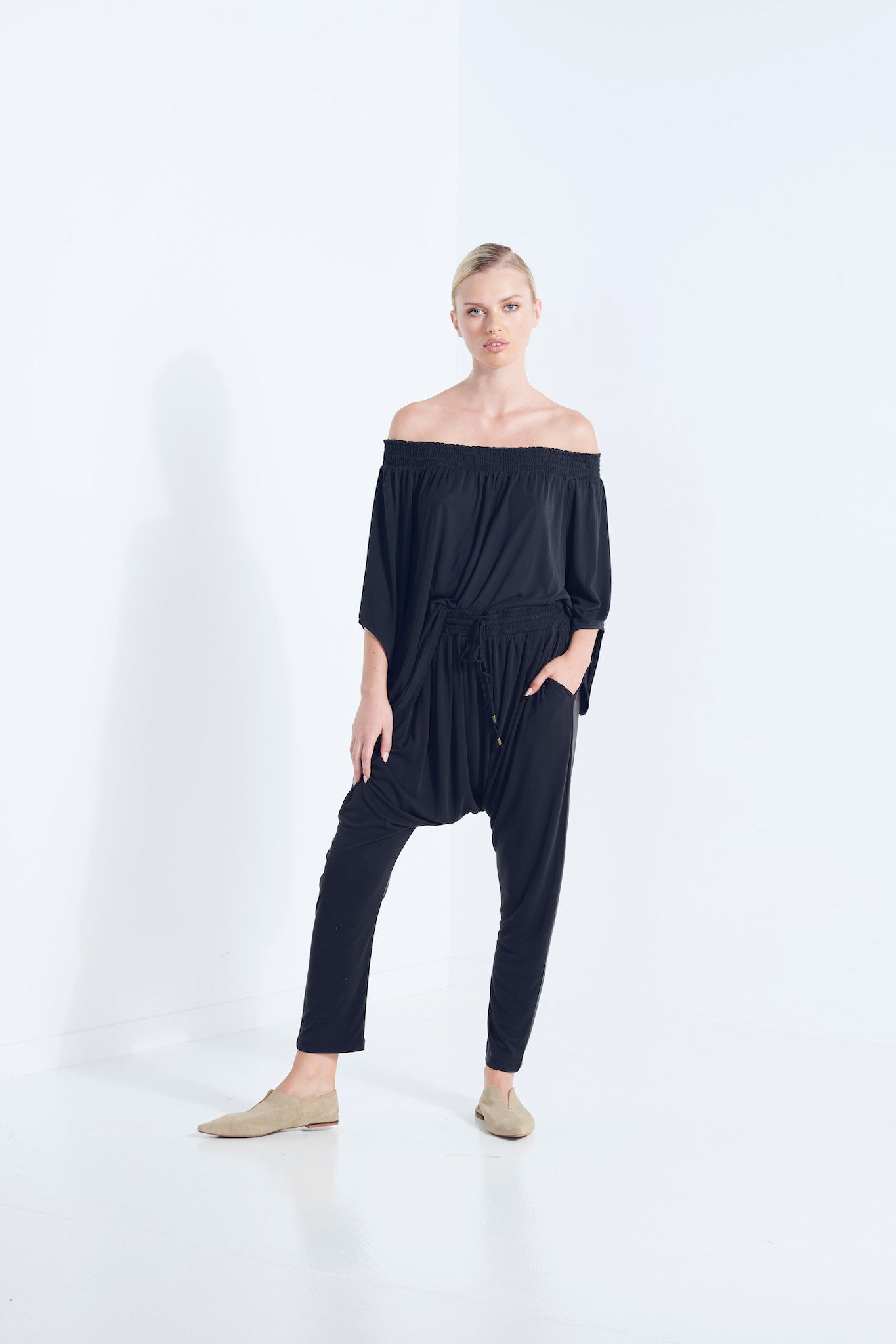 NAEVIA OFF SHOULDER TOP KNIT BEECHWOOD MODAL ELASTIC TOP WITH BELL SLEEVE DARK WASHED BLACK RELAXED FRONT VIEW