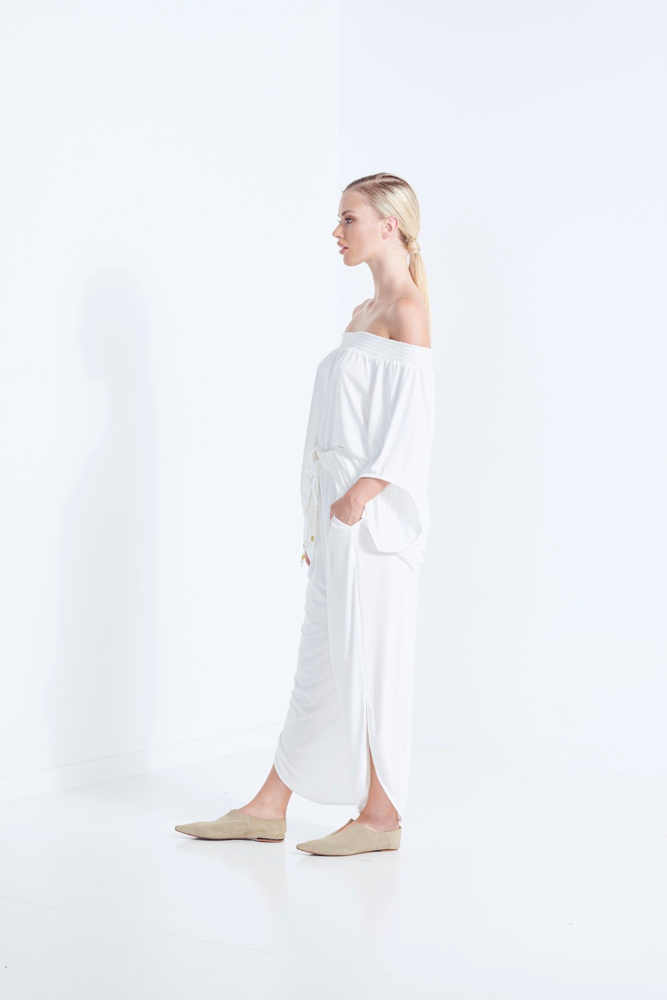 NAEVIA OFF SHOULDER TOP KNIT BEECHWOOD MODAL ELASTIC TOP WITH BELL SLEEVE DEW MILKY WHITE SIDE VIEW