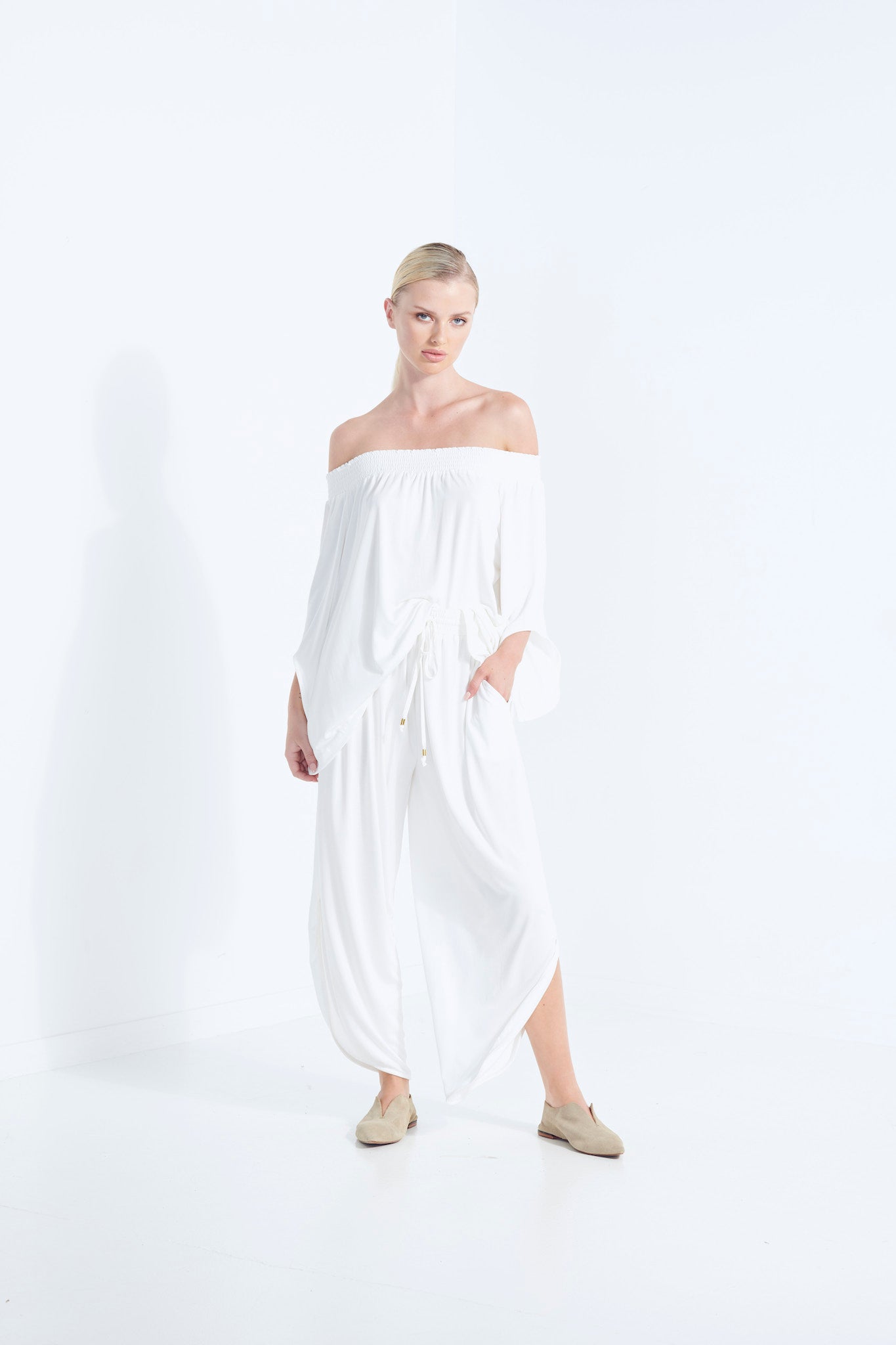 NAEVIA OFF SHOULDER TOP KNIT BEECHWOOD MODAL ELASTIC TOP WITH BELL SLEEVE DEW MILKY WHITE FRONT VIEW