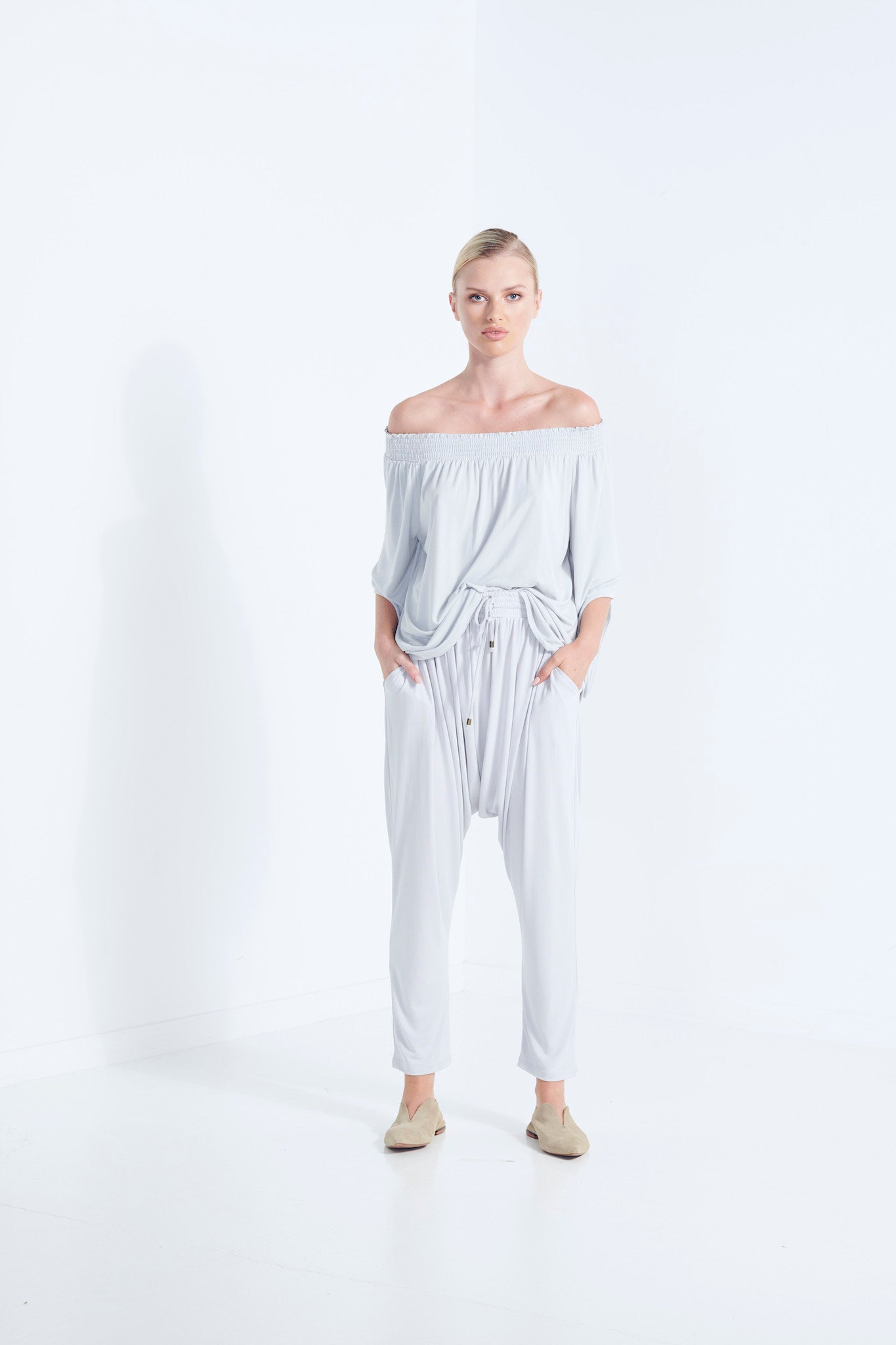 NAEVIA OFF SHOULDER TOP KNIT BEECHWOOD MODAL ELASTIC TOP WITH BELL SLEEVE WISP PALE  WASHED GREY FRONT VIEW