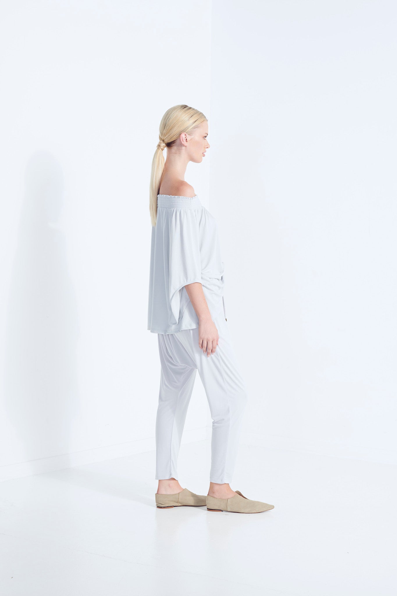 NAEVIA OFF SHOULDER TOP KNIT BEECHWOOD MODAL ELASTIC TOP WITH BELL SLEEVE WISP WASHED PALE GREY SIDE VIEW