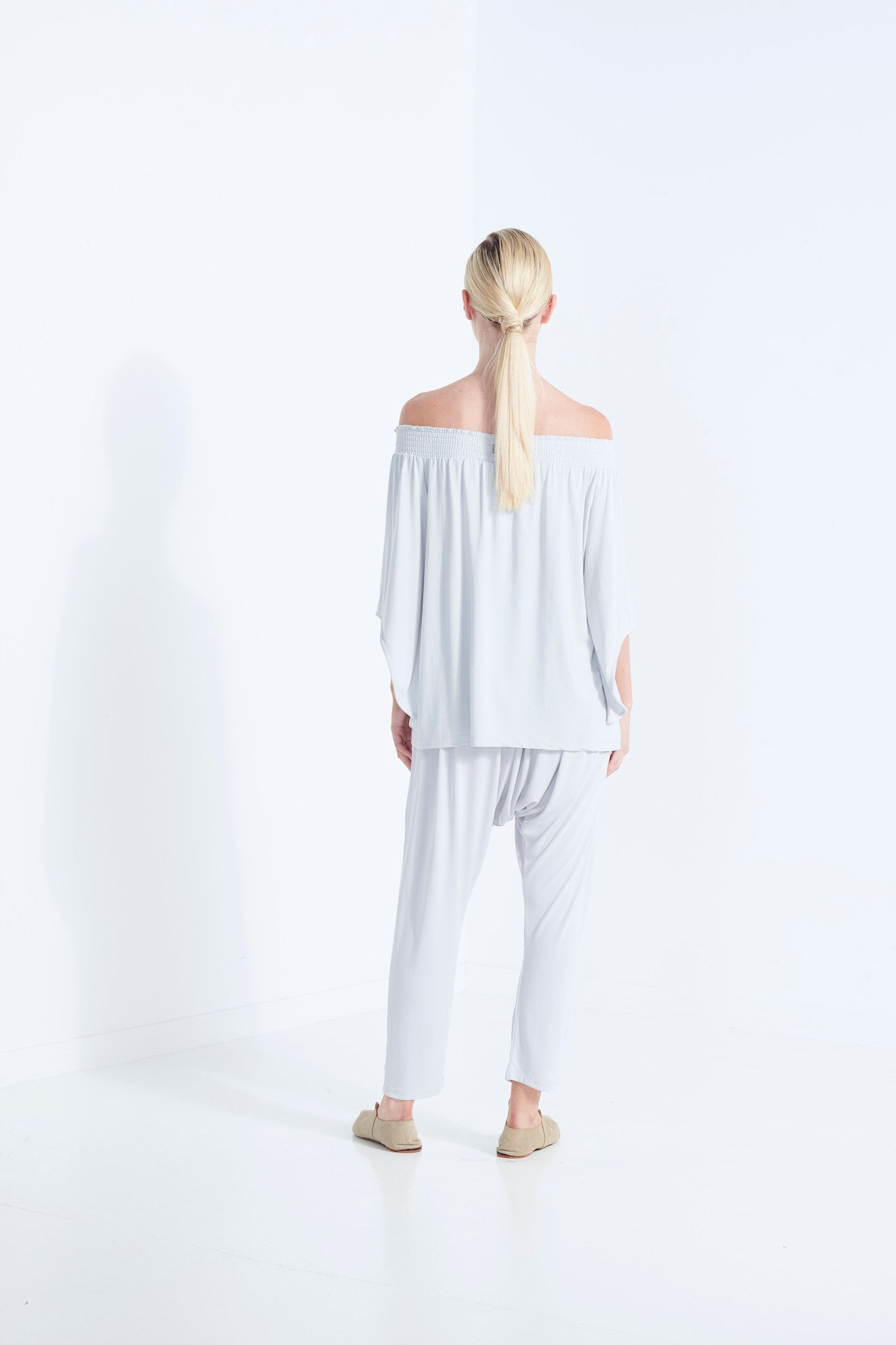 NAEVIA OFF SHOULDER TOP KNIT BEECHWOOD MODAL ELASTIC TOP WITH BELL SLEEVE WISP PALE WASHED GREY BACK VIEW