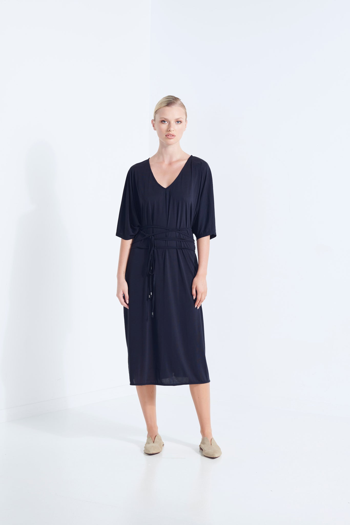 THALIA DRESS BEECHWOOD MODAL WITH WRAP TIE AND HEM SPLITS DARK WASHED BLACK FRONT VIEW