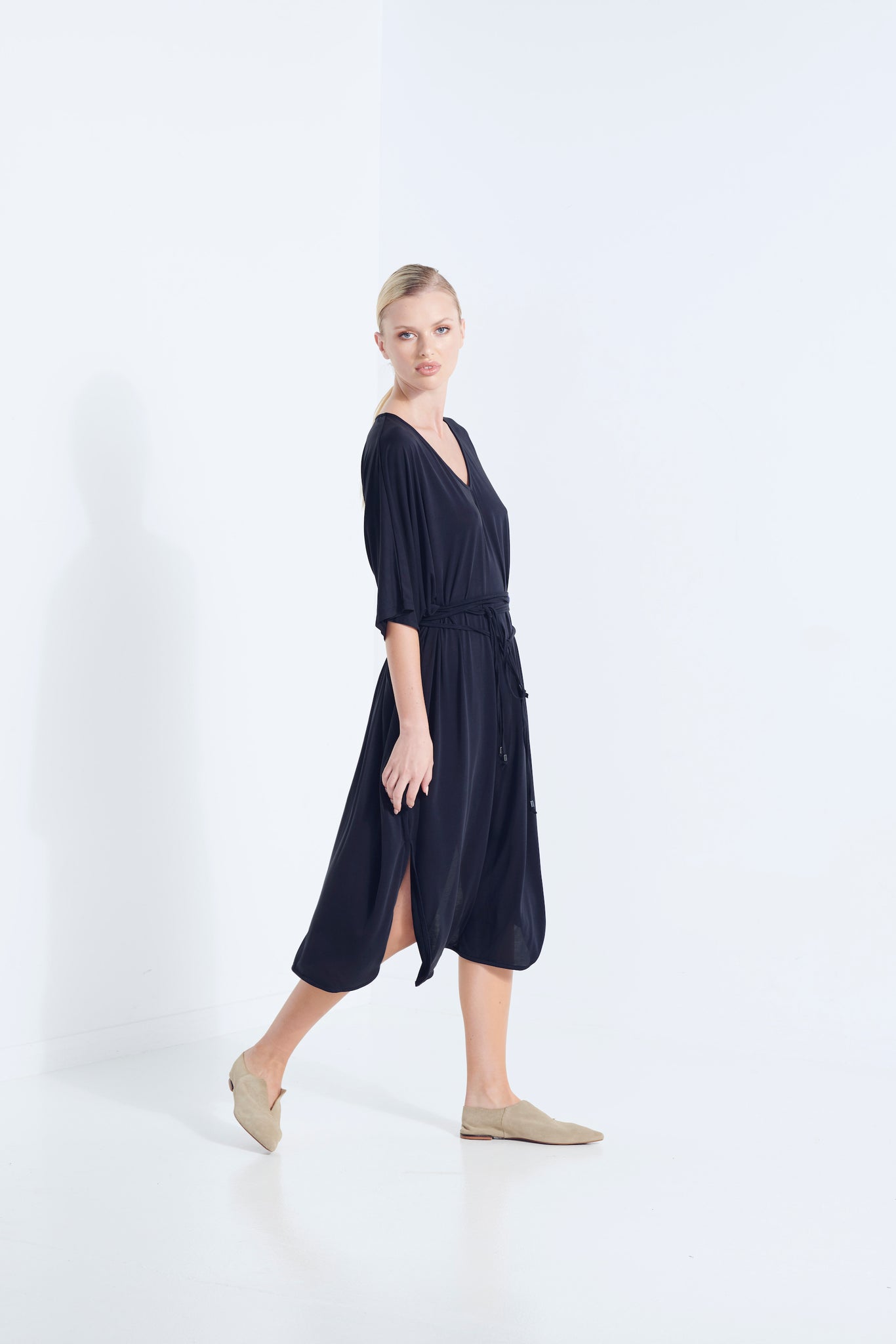 THALIA DRESS BEECHWOOD MODAL WITH WRAP TIE AND HEM SPLITS DARK WASHED BLACK SIDE VIEW
