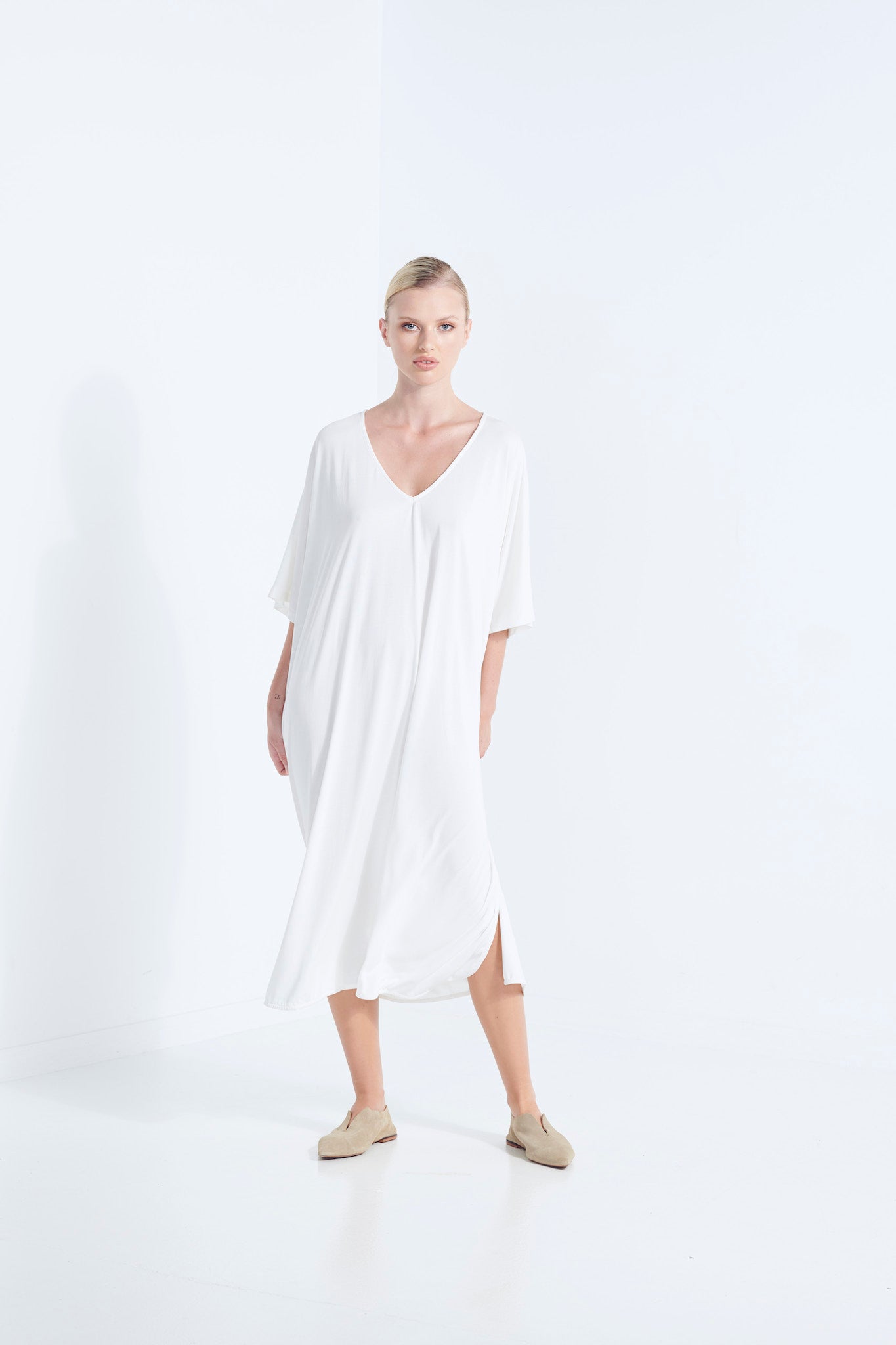 THALIA DRESS BEECHWOOD MODAL WITH WRAP TIE AND HEM SPLITS DEW MILKY WHITE  FRONT VIEW