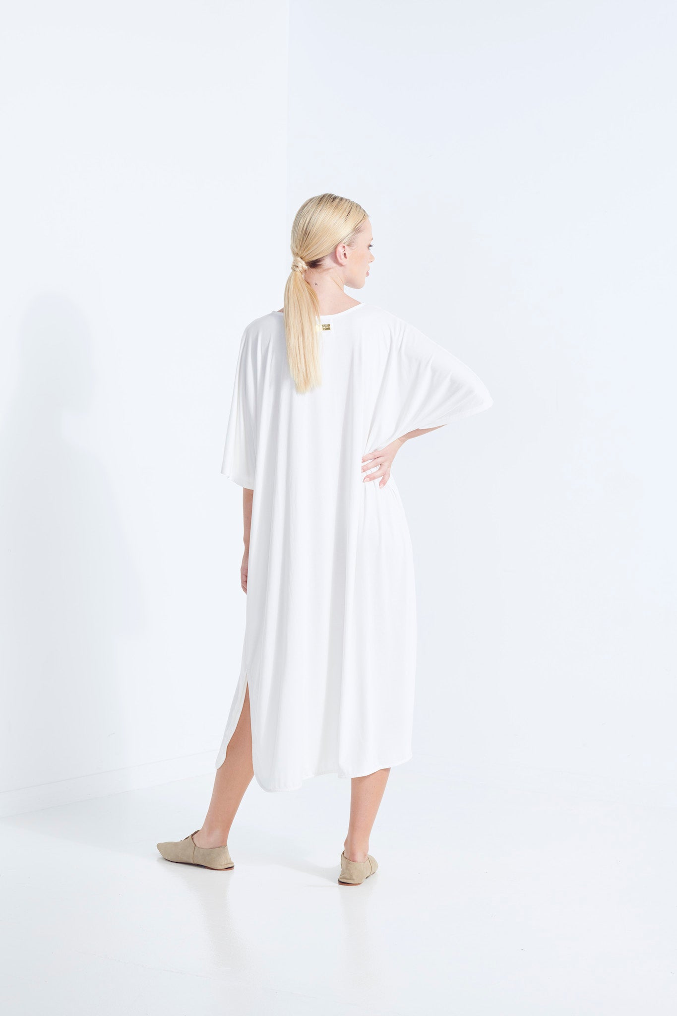 THALIA DRESS BEECHWOOD MODAL WITH WRAP TIE AND HEM SPLITS DEW MILKY WHITE  BACK VIEW