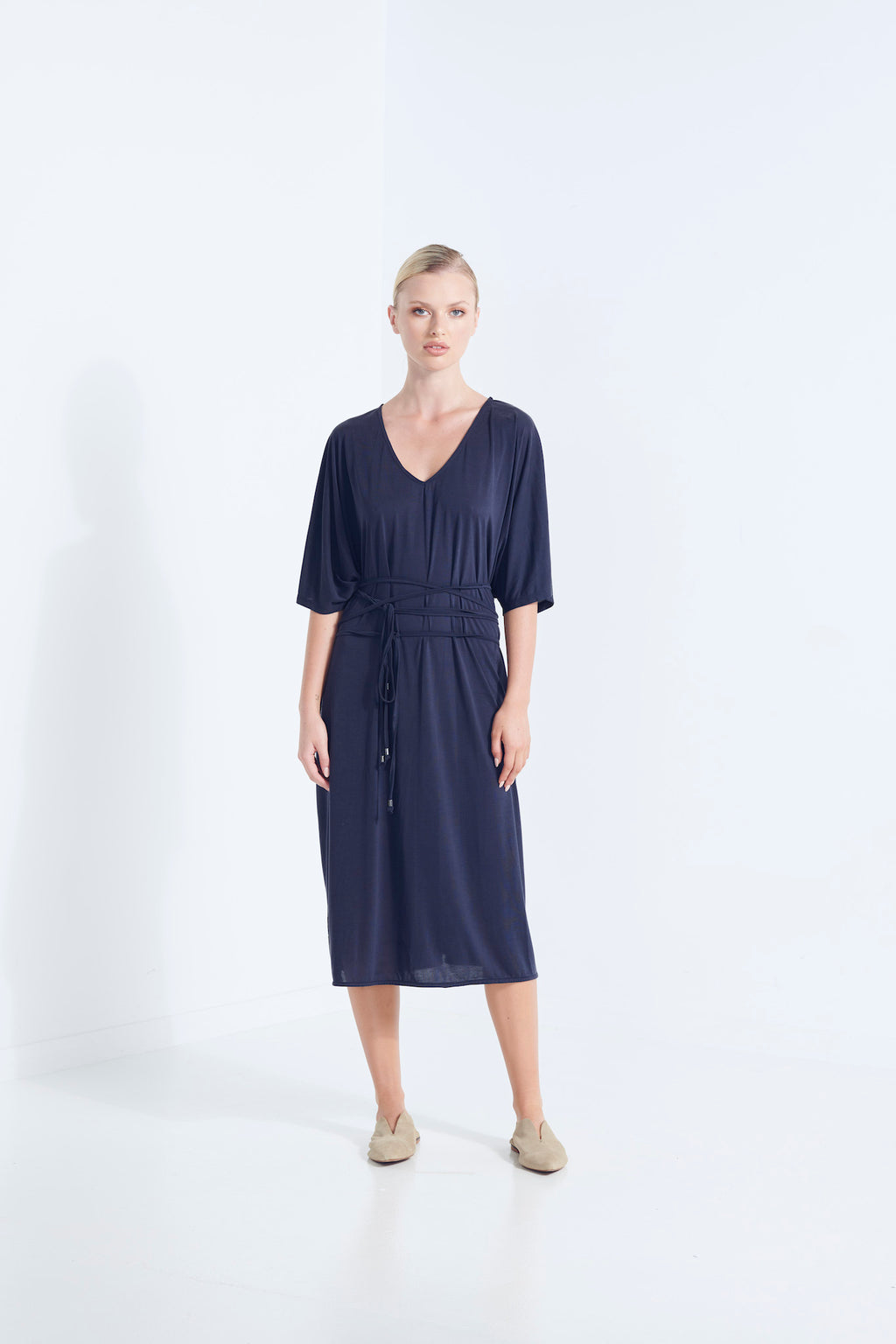 THALIA DRESS BEECHWOOD MODAL WITH WRAP TIE AND HEM SPLITS AEGEAN WASHED NAVY FRONT VIEW