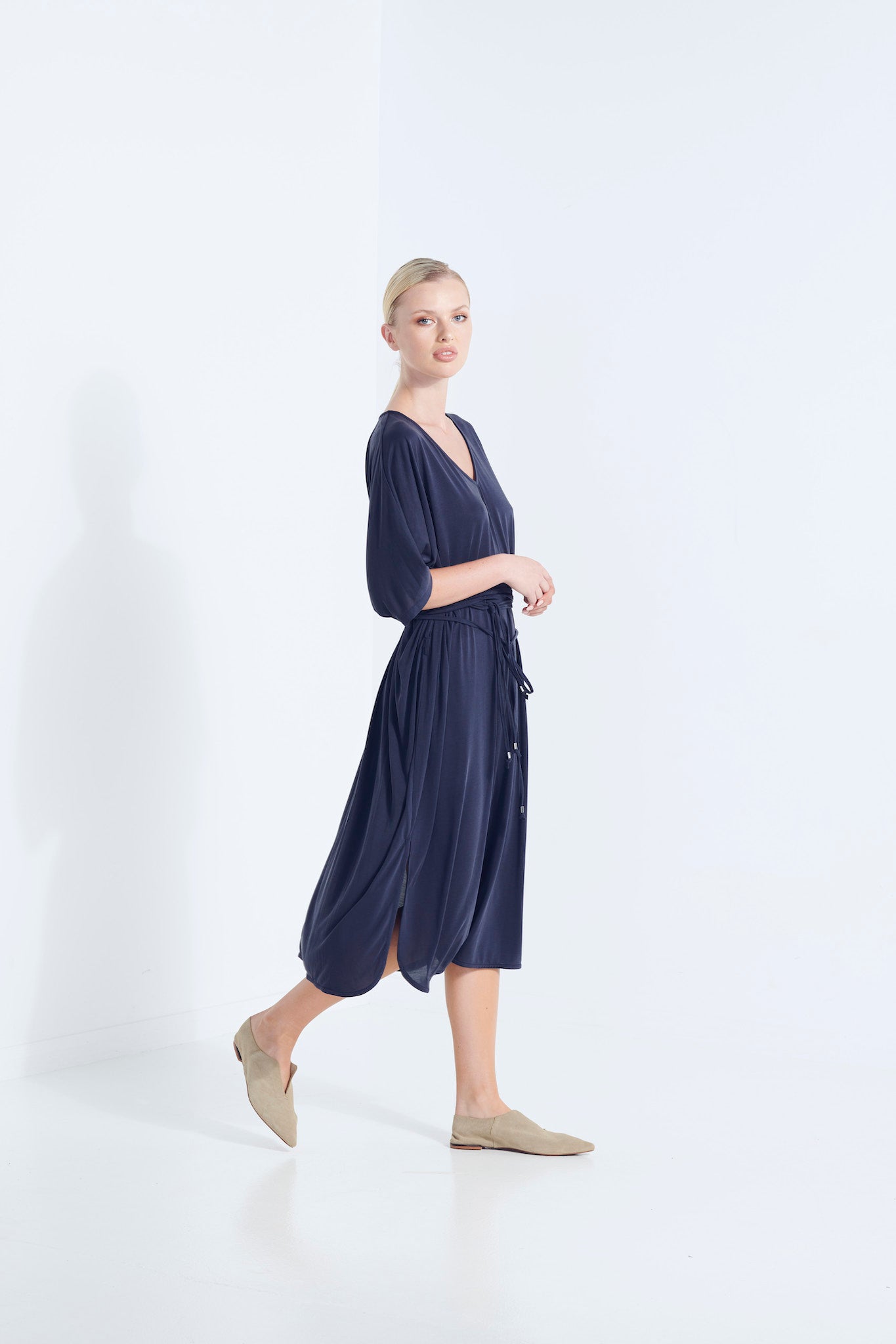 THALIA DRESS BEECHWOOD MODAL WITH WRAP TIE AND HEM SPLITS AEGEAN WASHED NAVY  SIDE VIEW