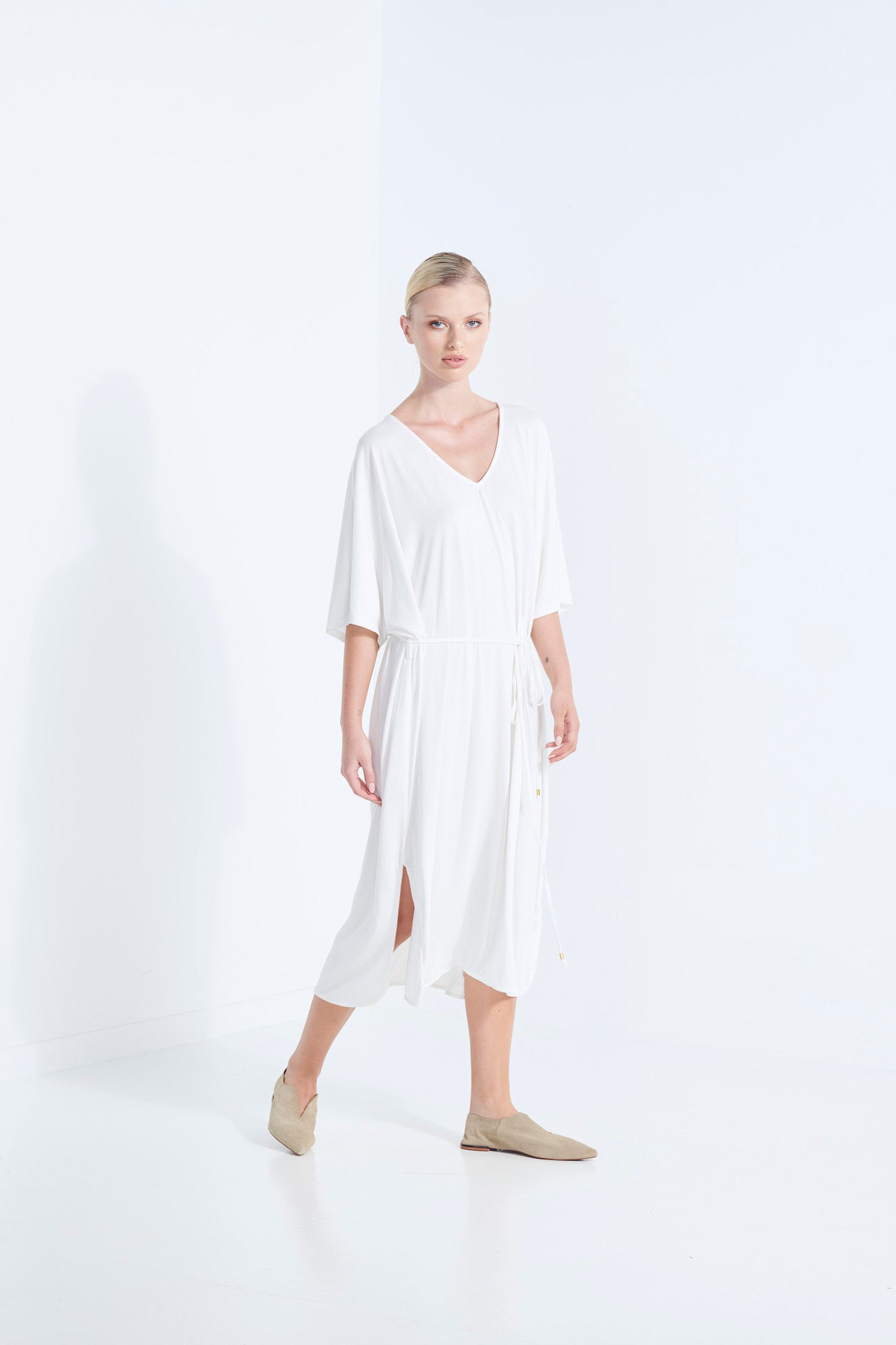 THALIA DRESS BEECHWOOD MODAL WITH WRAP TIE AND HEM SPLITS DEW MILKY WHITE  SIDE VIEW
