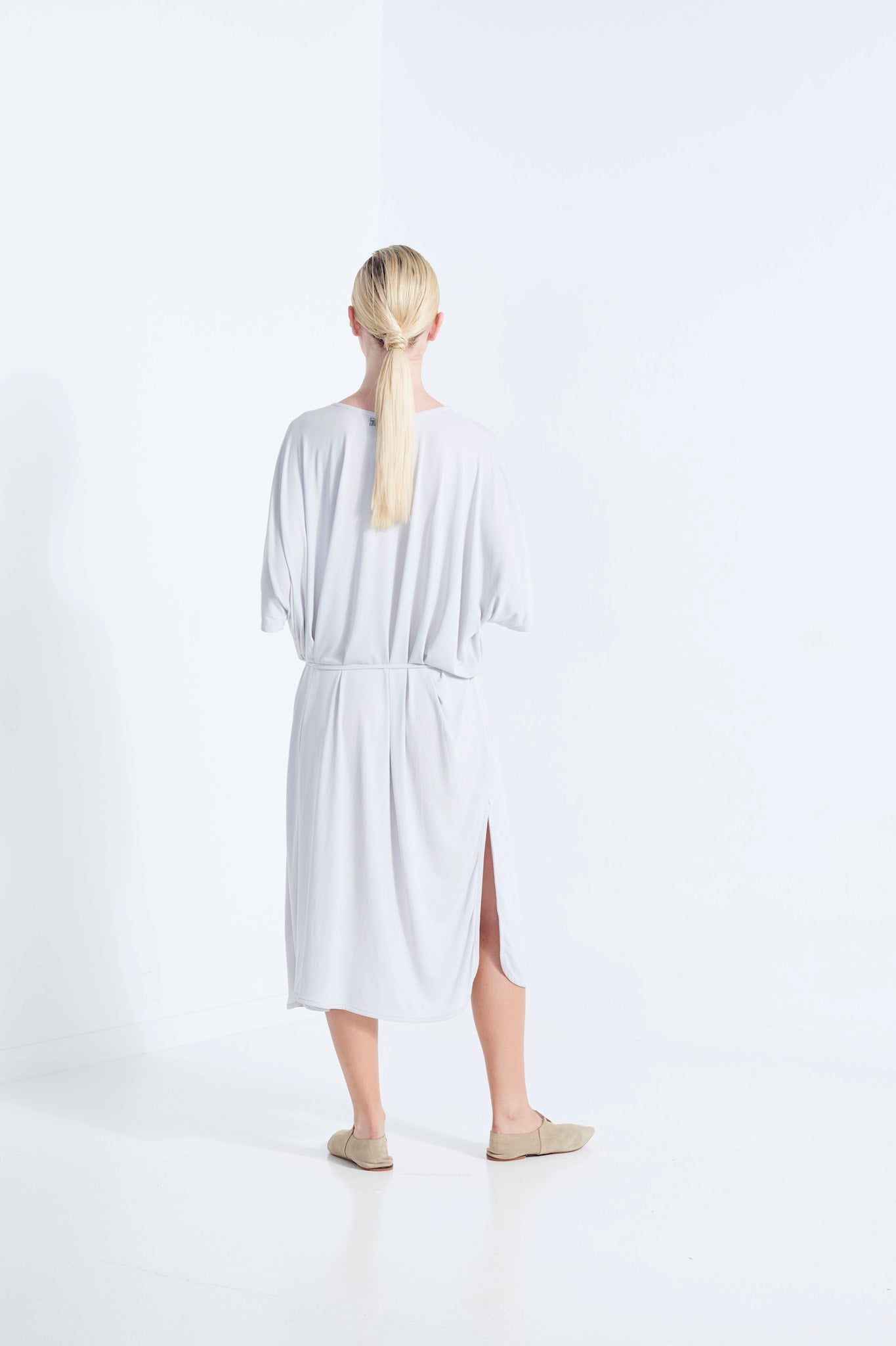 THALIA DRESS BEECHWOOD MODAL WITH WRAP TIE AND HEM SPLITS WISP PALE WASHED GREY BACK VIEW