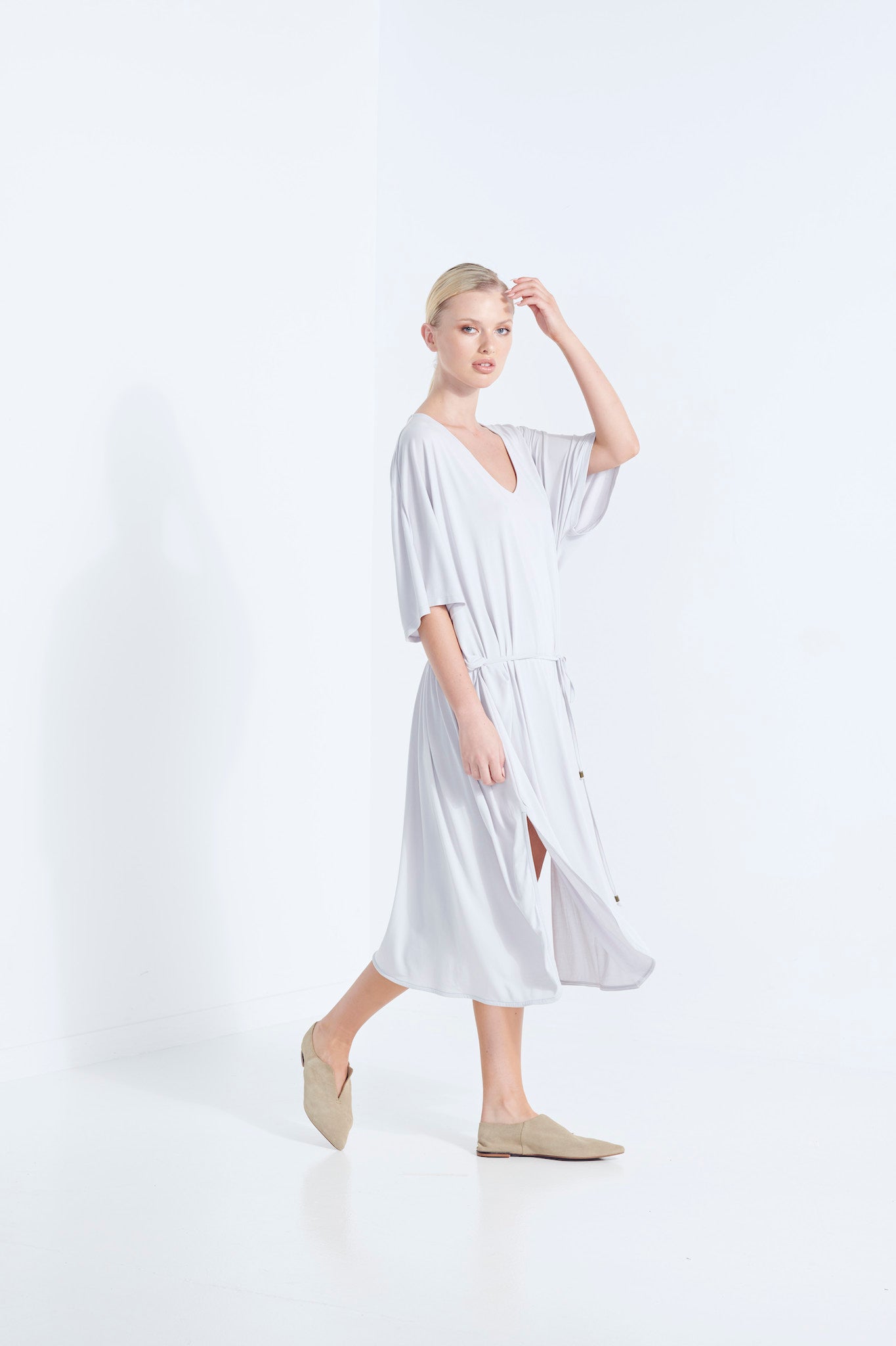 THALIA DRESS BEECHWOOD MODAL WITH WRAP TIE AND HEM SPLITS WISP PALE WASHED GREY SIDE VIEW