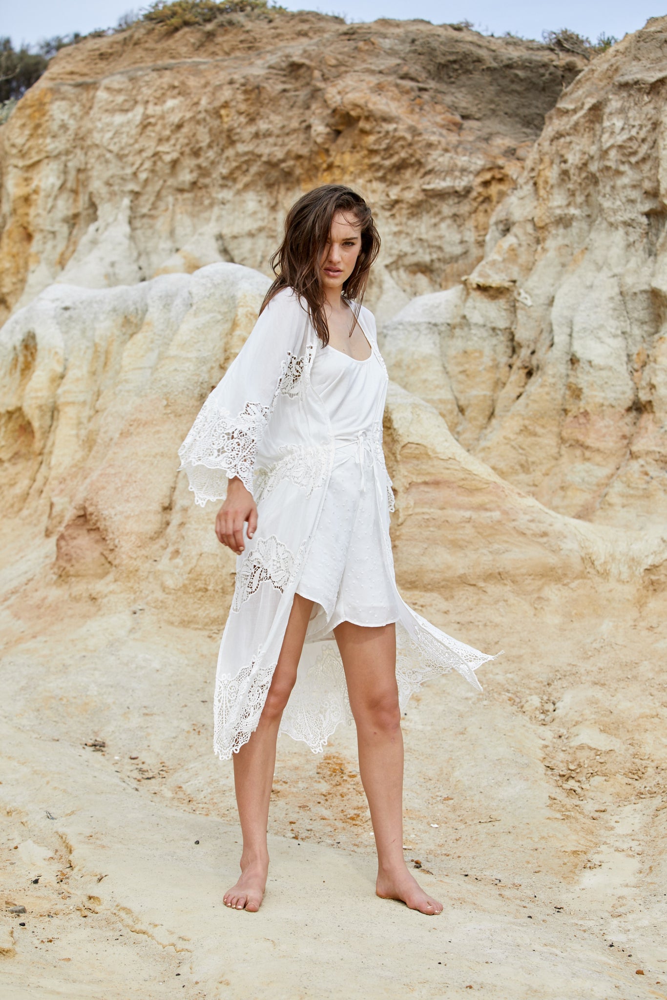 Naida Robe - Washed Silk Cotton & Lace   SOLD OUT