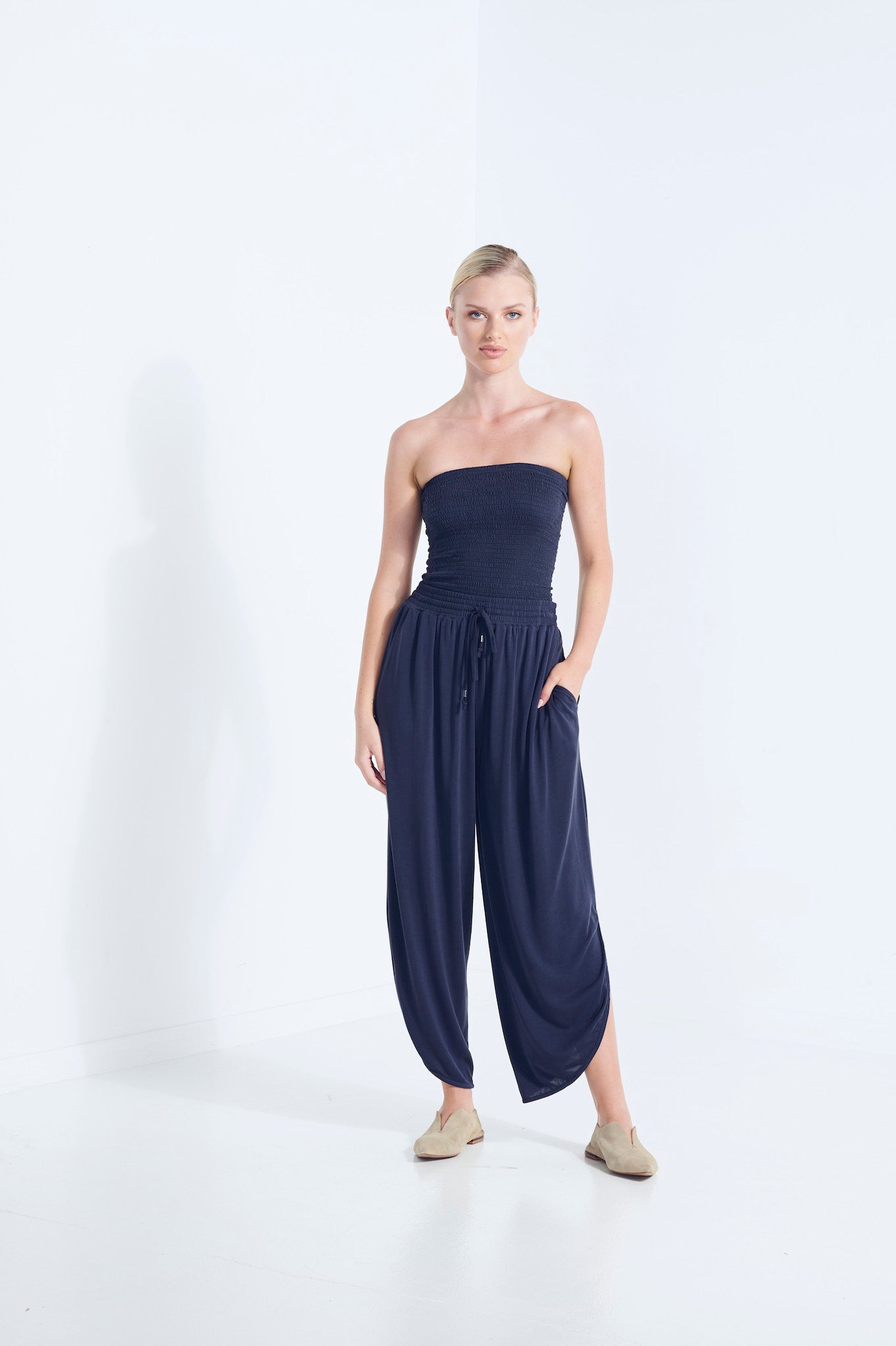 BELU PANT AEGEAN NAVY LUXURY LOUNGEWEAR RELAXED KNIT PANTS WITH ELASTIC WAIST AND PETAL HEM FRONT VIEW