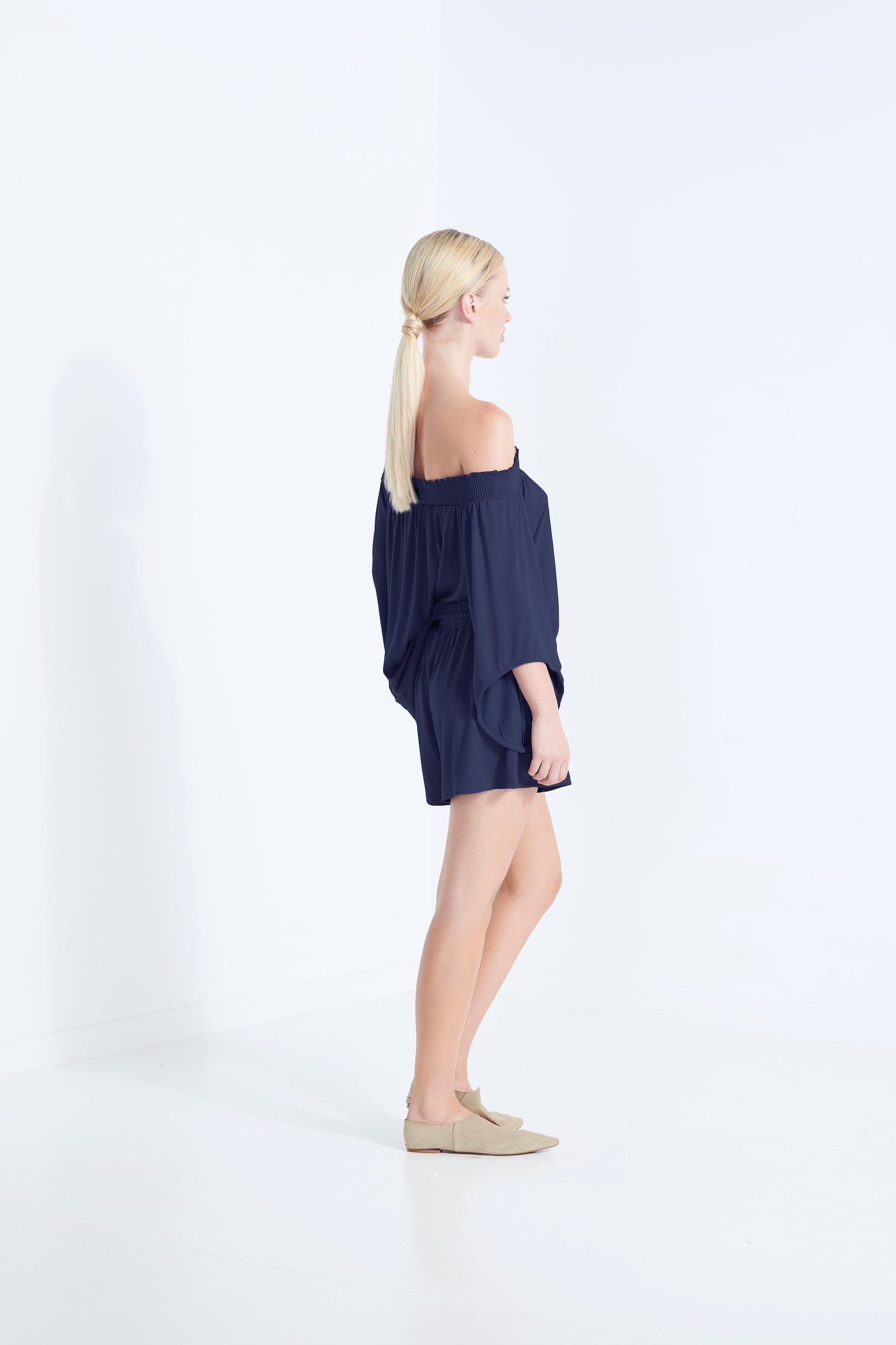 NAEVIA OFF SHOULDER TOP KNIT BEECHWOOD MODAL ELASTIC TOP WITH BELL SLEEVE AEGEAN WASHED NAVY SIDE VIEW