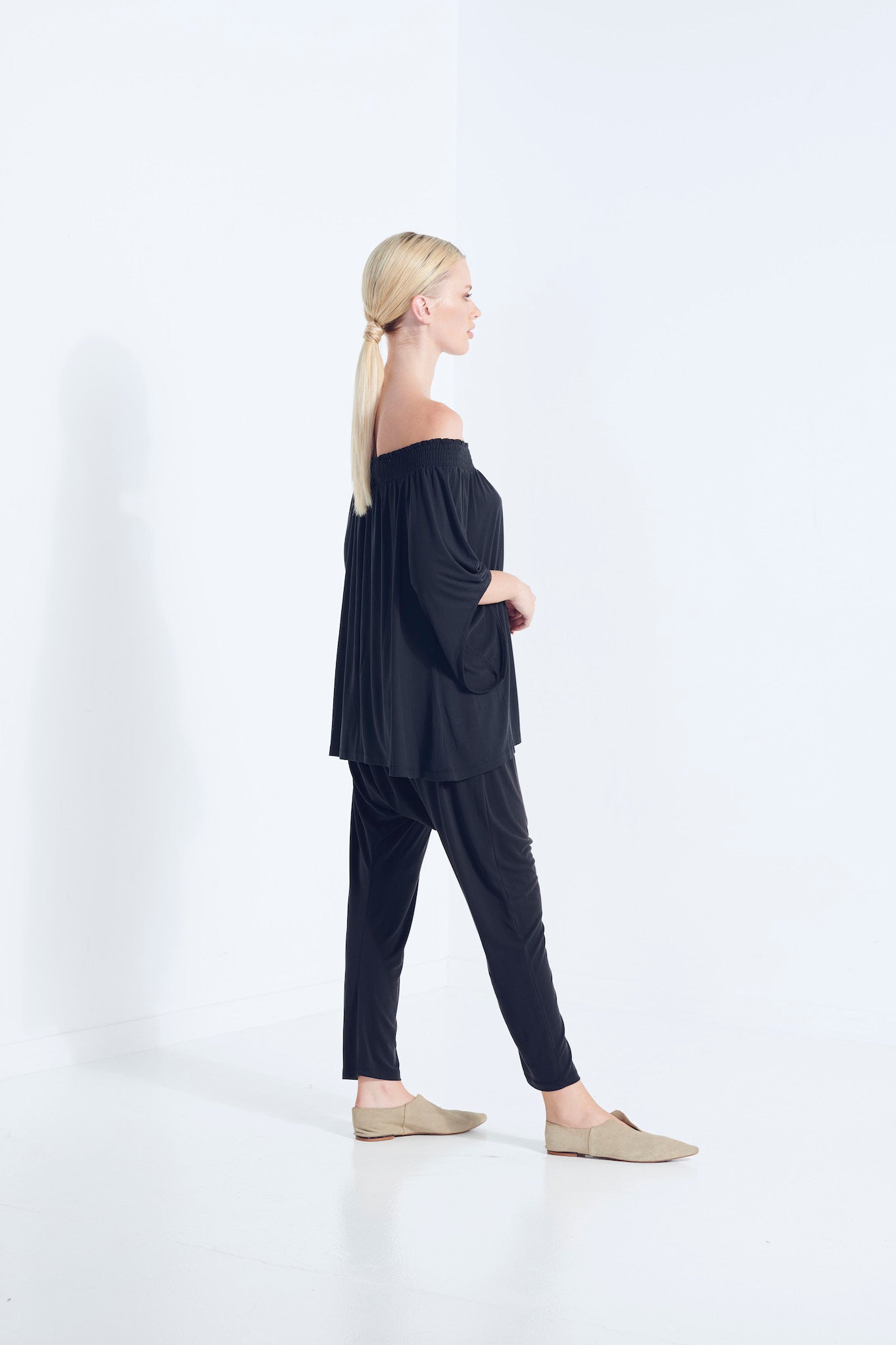 NAEVIA OFF SHOULDER TOP KNIT BEECHWOOD MODAL ELASTIC TOP WITH BELL SLEEVE DARK WASHED BLACK SIDE VIEW