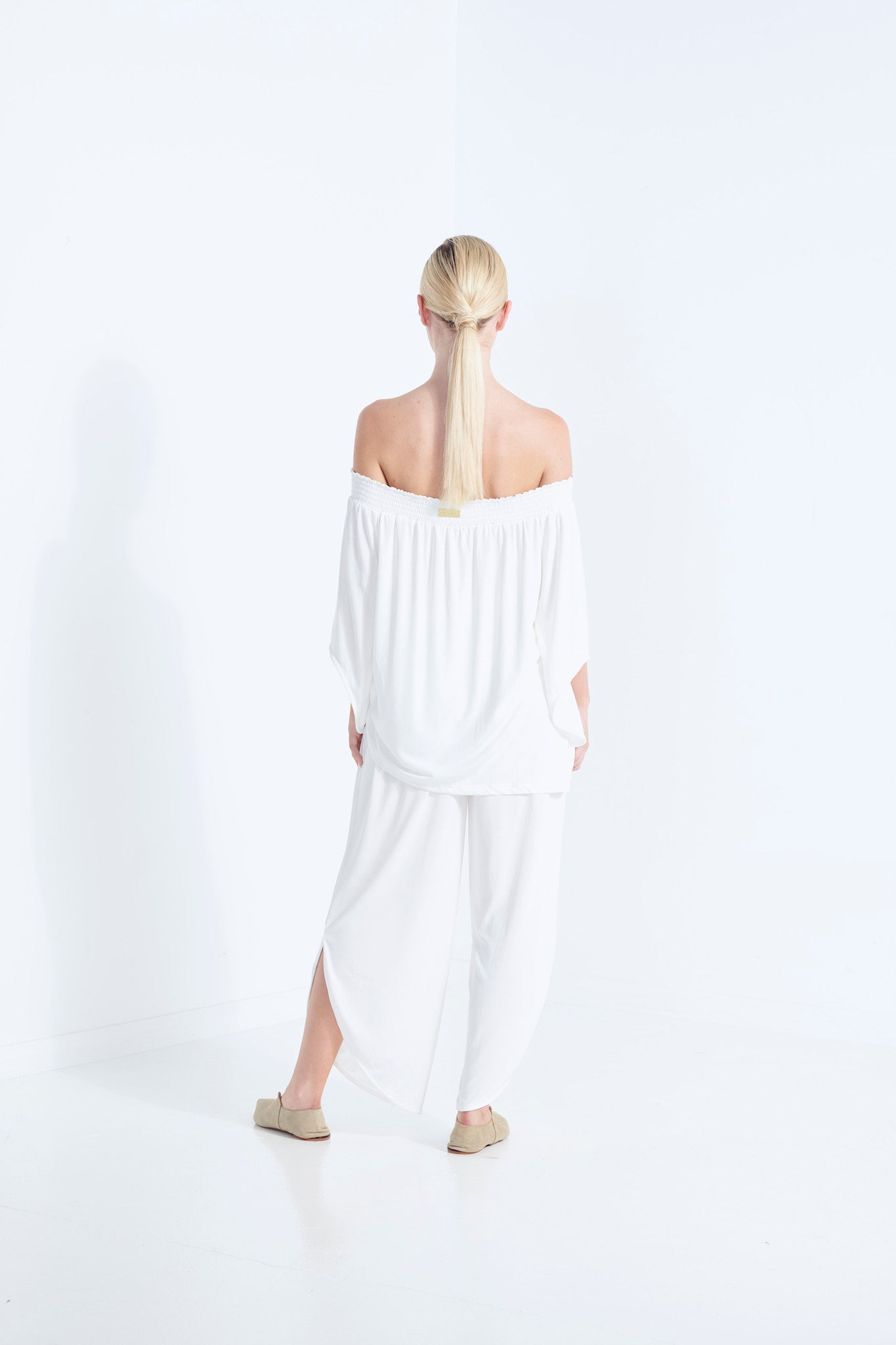 NAEVIA OFF SHOULDER TOP KNIT BEECHWOOD MODAL ELASTIC TOP WITH BELL SLEEVE DEW MILKY WHITE BACK VIEW