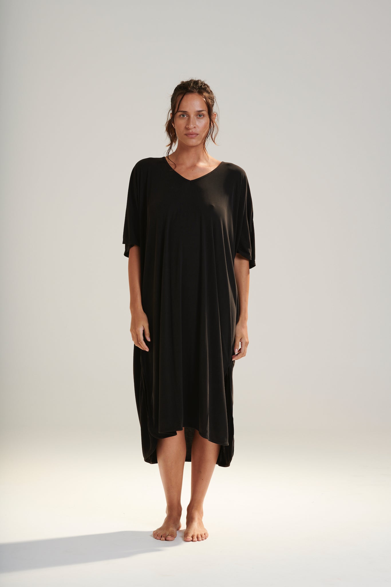 THALIA DRESS BEECHWOOD MODAL WITH WRAP TIE AND HEM SPLITS DARK WASHED BLACK FRONT VIEW COMES WITH REMOVABLE TIE