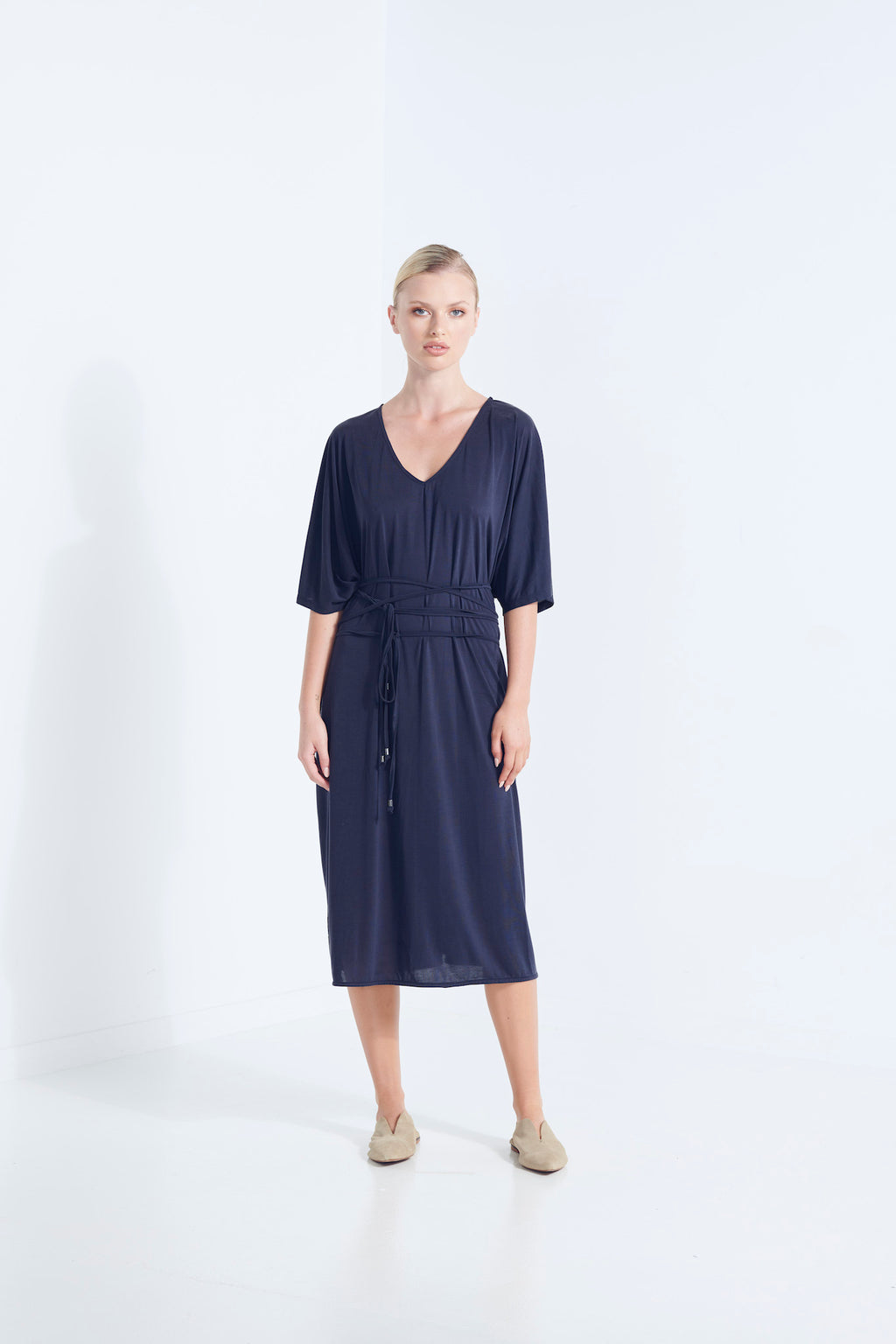 THALIA DRESS BEECHWOOD MODAL WITH WRAP TIE AND HEM SPLITS AEGEAN WASHED NAVY FRONT VIEW  