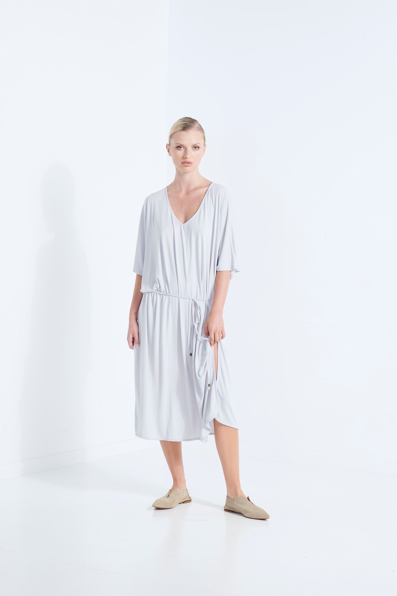 THALIA DRESS BEECHWOOD MODAL WITH WRAP TIE AND HEM SPLITS WISP PALE WASHED GREY FRONT VIEW